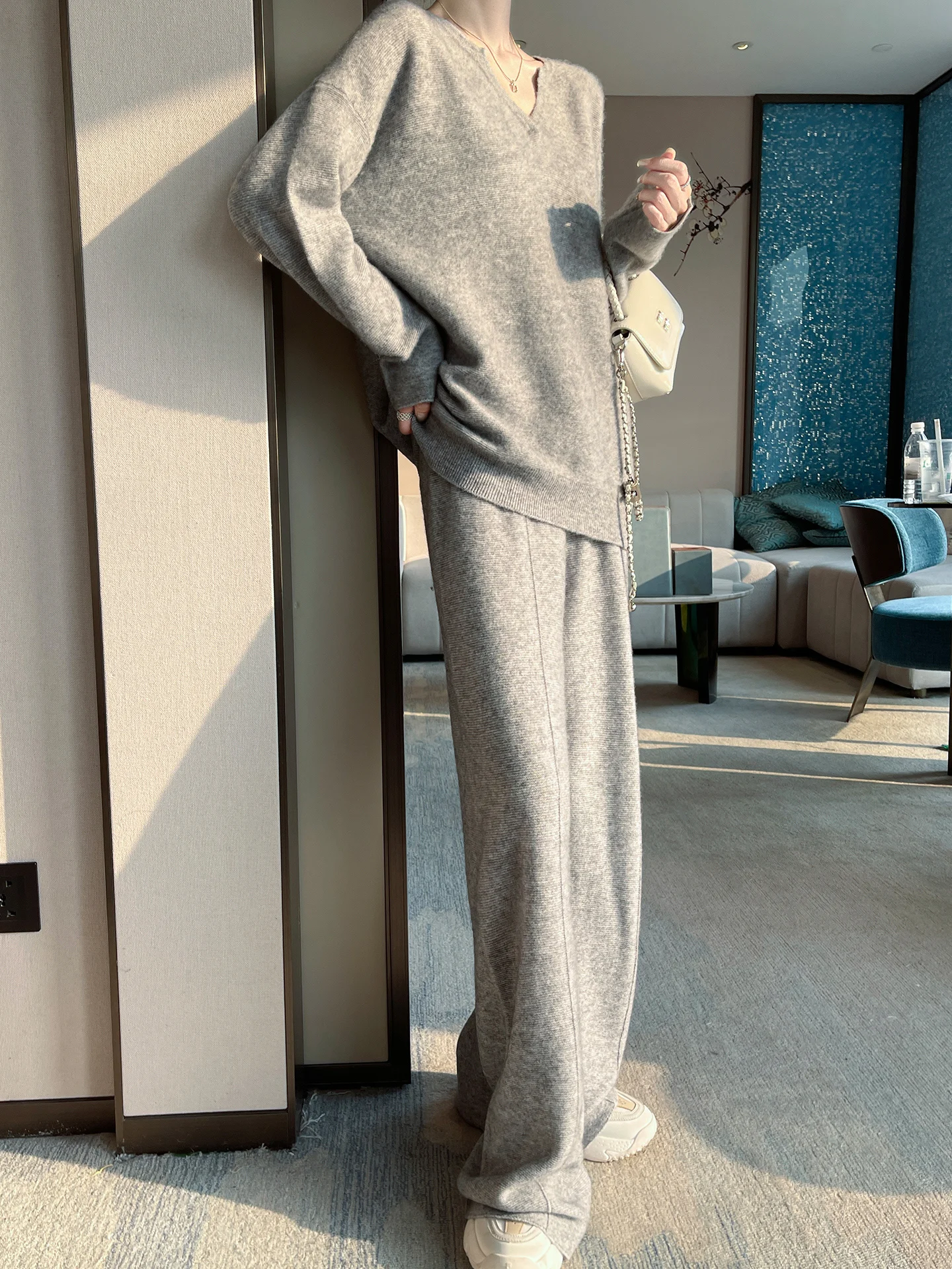 Light Luxury Autumn Winter Woman Pant Suit Female 100% Merino Wool Knitwear Solid Pullover Long Sleeve Clothing Tops Lady Bottom