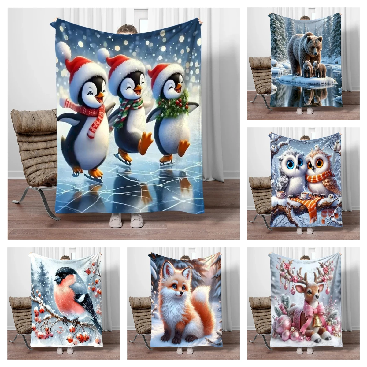 

Animals Bear Penguin Flannel Blanket Fluffy Children Adults Sofa Plush Bedspread Throw Lunch Blanket for Sofa Bed Camping Gift