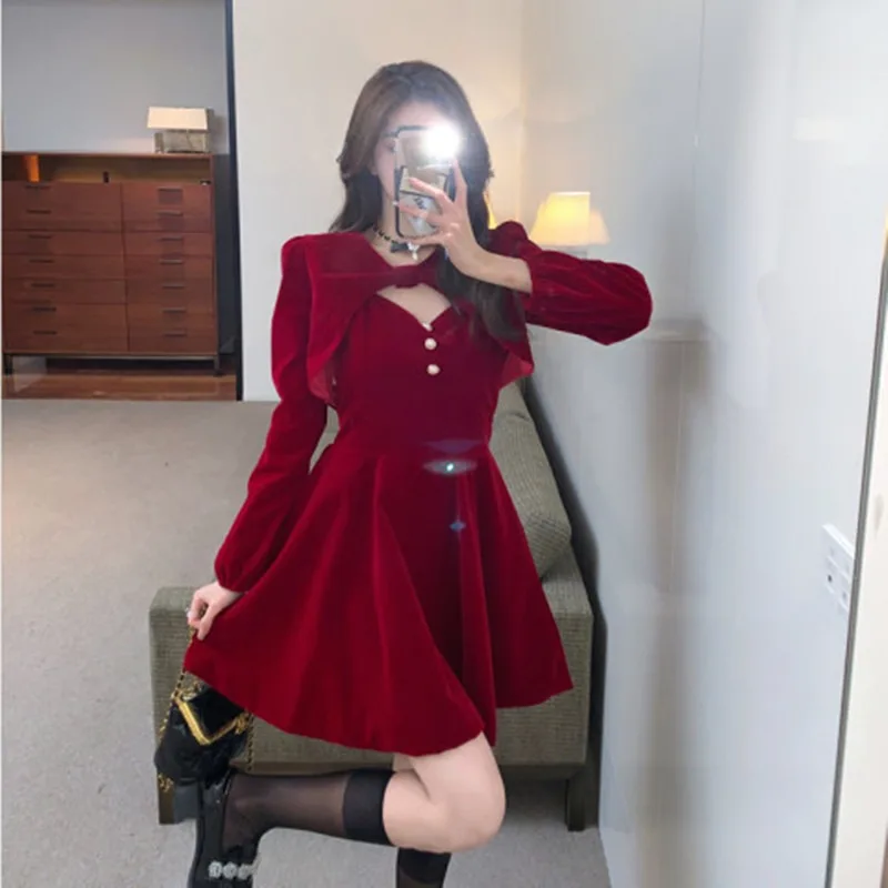 

Elegant Women Red Velvet Dress Autumn Winter Shawl Suspender Dress 2-piece Set Y2k Christmas A Line Dresses Ropa De Mujer 원피스