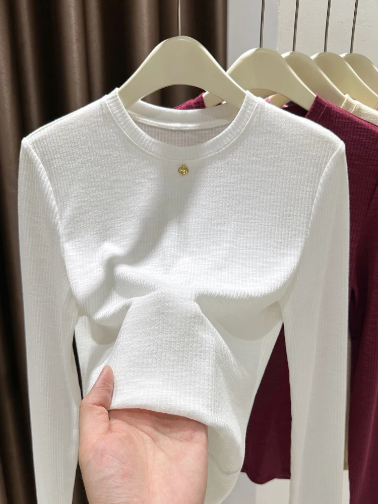 

Однотонная вязаная футболка из бамбукового хлопка с длинным рукавом и круглым вырезом, женская, весенне-осенняя, универсальная, модная, базовая.