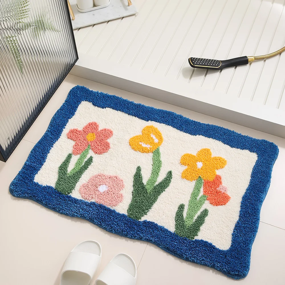 Floral Tufting Bathroom Mat Soft Tulip Bedside Foot Carpet Rug Floor Pad Bedroom Doormat Aesthetic Home Room Tidy Decor