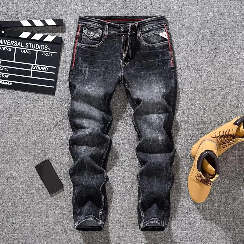 Italian fashion new men's elastic slim fit black gray jeans scratch washed retro designer denim lead embroidery pen pants hombre