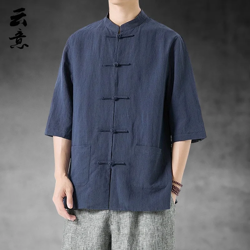 

Summer Fashion Linen Short Sleeve Chinese Style Shirt Thin Breathable Cotton Linen Men's Retro Zhongshan Suit Hanfu Casual Wear