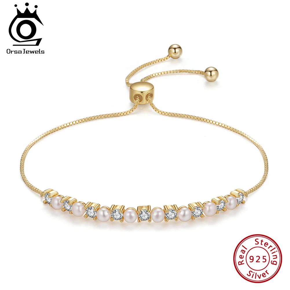 

ORSA JEWELS Female Silver 925 Jewelry Set Natural Freshwater Pearl Bracelet Earrings Clear Zirconia 14K Gold Plated Gift GPB21
