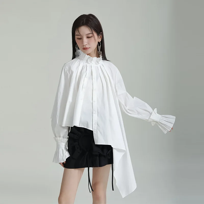 Johnature 2024 Spring Stand Up Collar Draw-out Irregular White Shirts New Long-sleeved Loose Petal Sleeve Women Tops Blouses