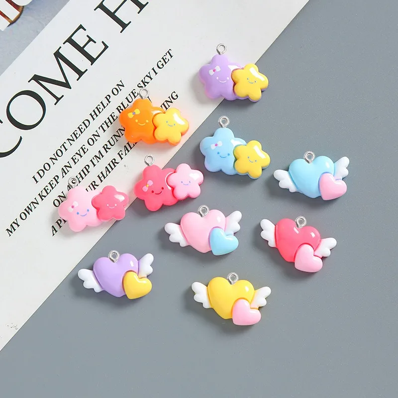 10Pcs Cute Double Star Wing Heart Resin Charms Pendant for DIY Jewelry Making Earrings Bracelet Necklace Craft Decor Accessories