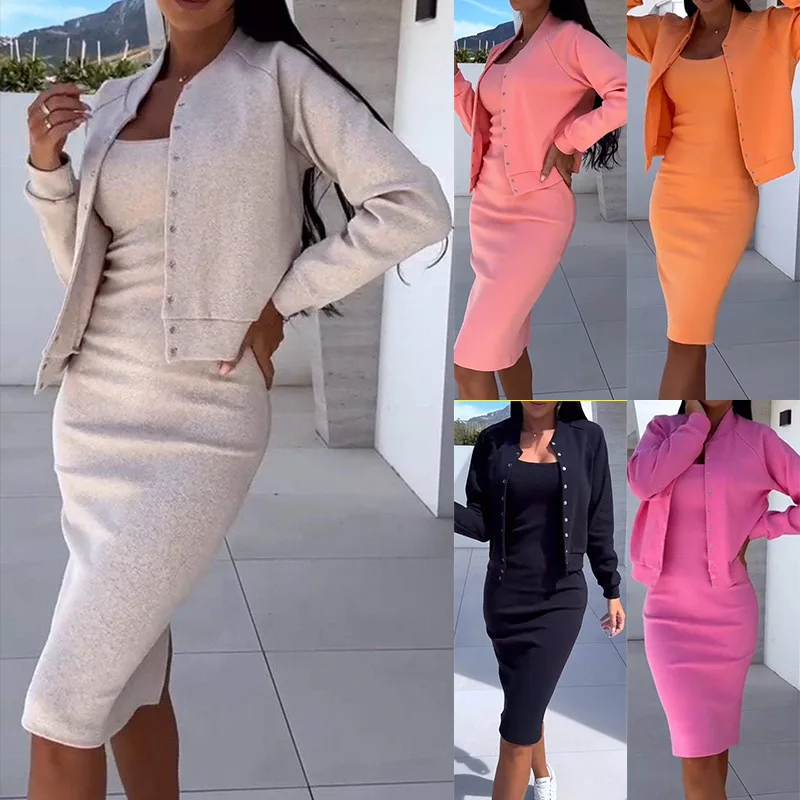 Slim Fit Elegant Skinny Autumn Two Piece Dress Sets Women Button Coats Full Sleeve Cardigan Spliced Solid Sling Dresses