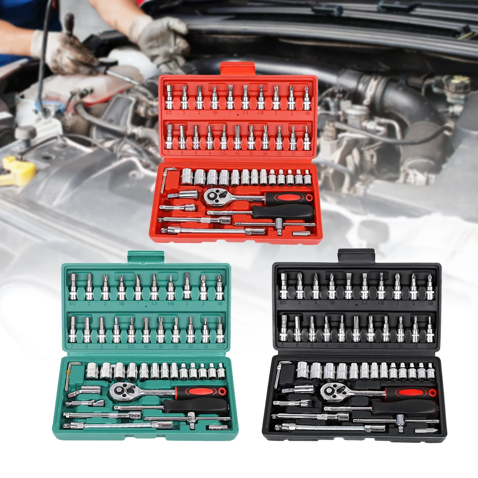 46 Pcs Car Repair Tool Kit Generic Socket Ratchet Torque Wrench Set Screwdriver Drive Socket and Bit Set with Storage Case