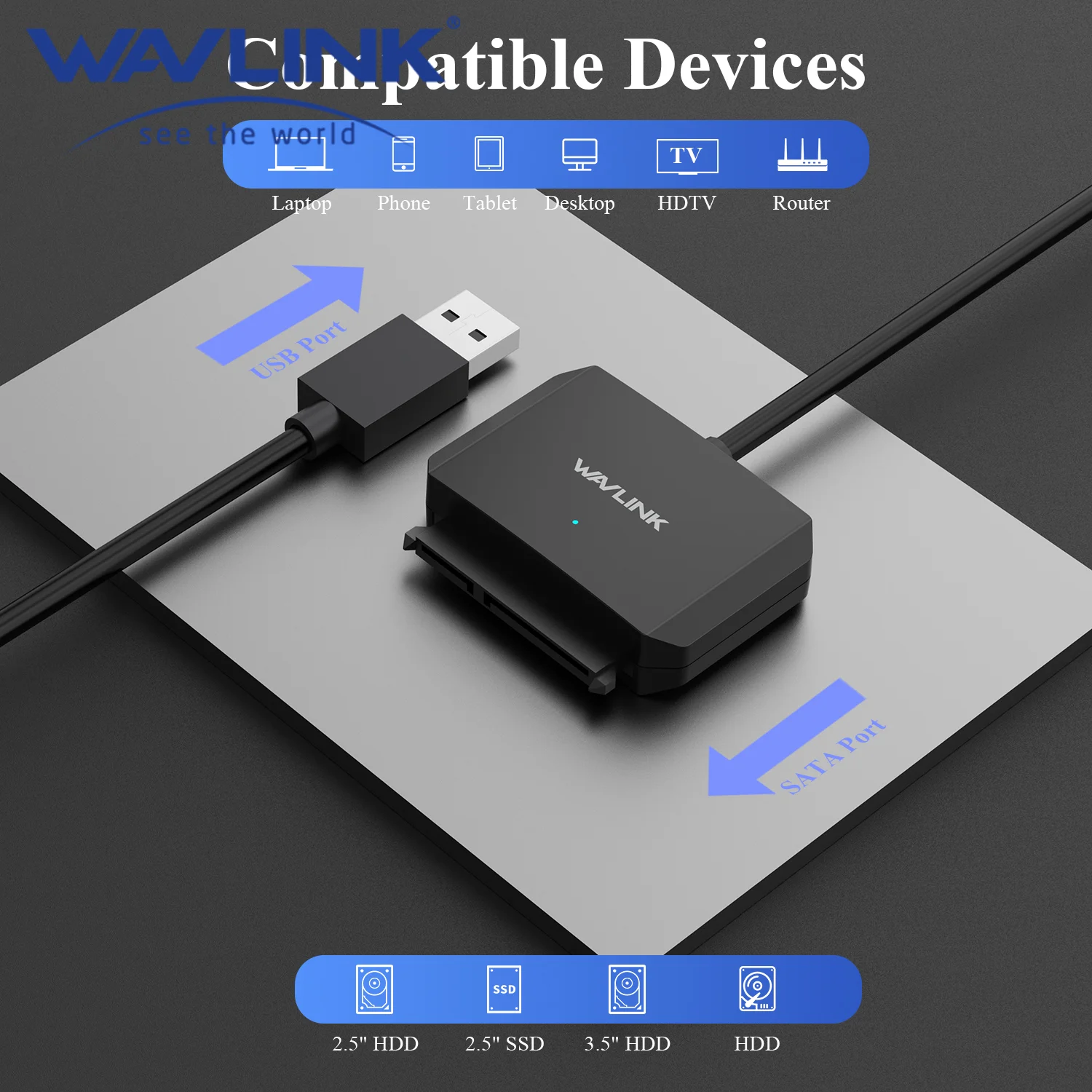 WAVLINK USB3.0 to SATA III Hard Drive Adapter Cable SATA to USB A 5Gbps Converter External Hard Drive Connector for 2.5