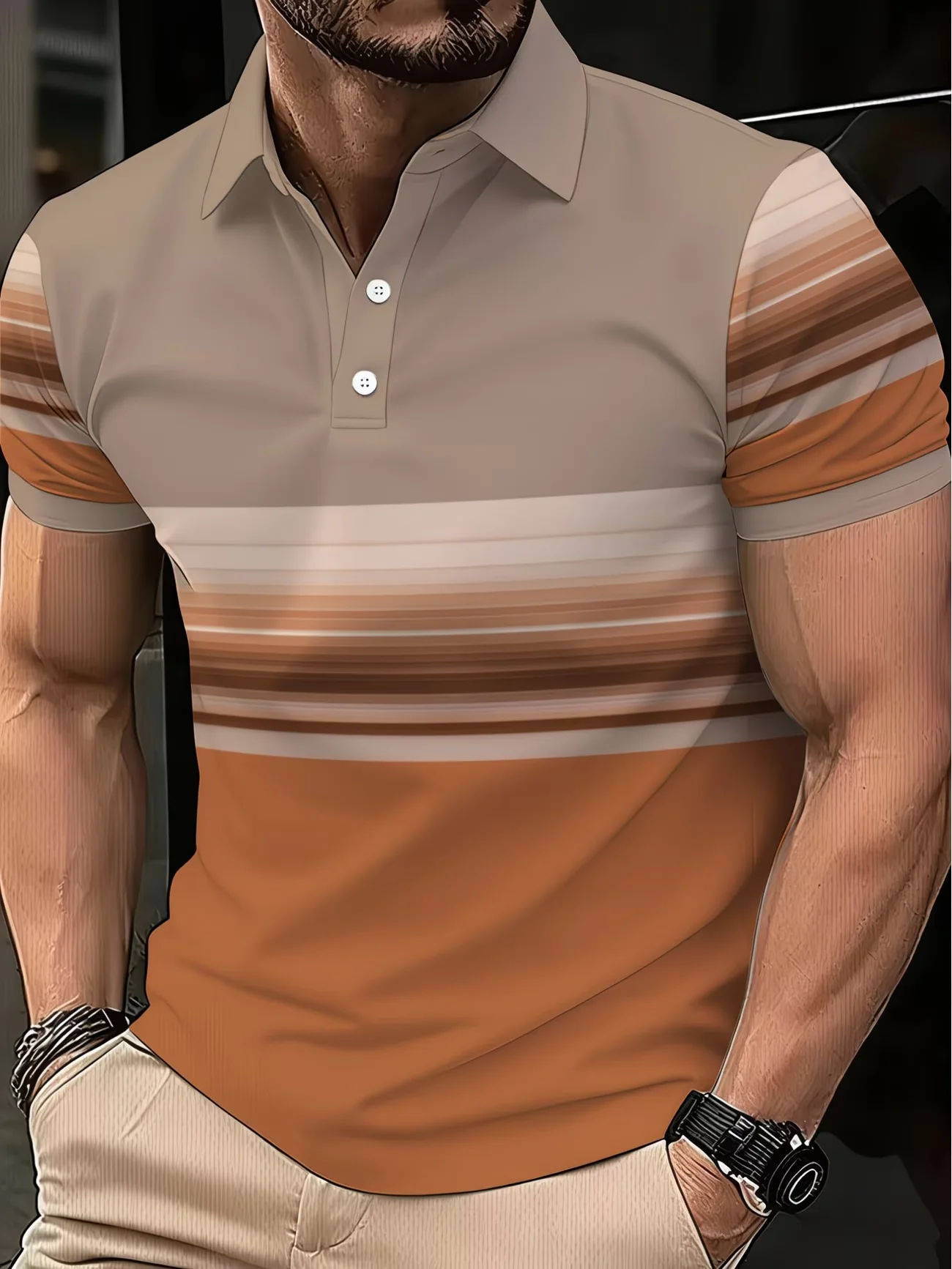 Men's Summer New Fashion Stripe Pattern Printed Casual Short Sleeve Polo Shirt Comfortable, Skin friendly, Breathable, Suitable