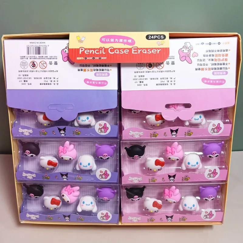 Imagem -06 - Sanrio Kuromi Mini Borrachas Lápis Cap Afiador Papelaria de Escritório my Melody Cinnamoroll em 24 Conjunto Box Atacado