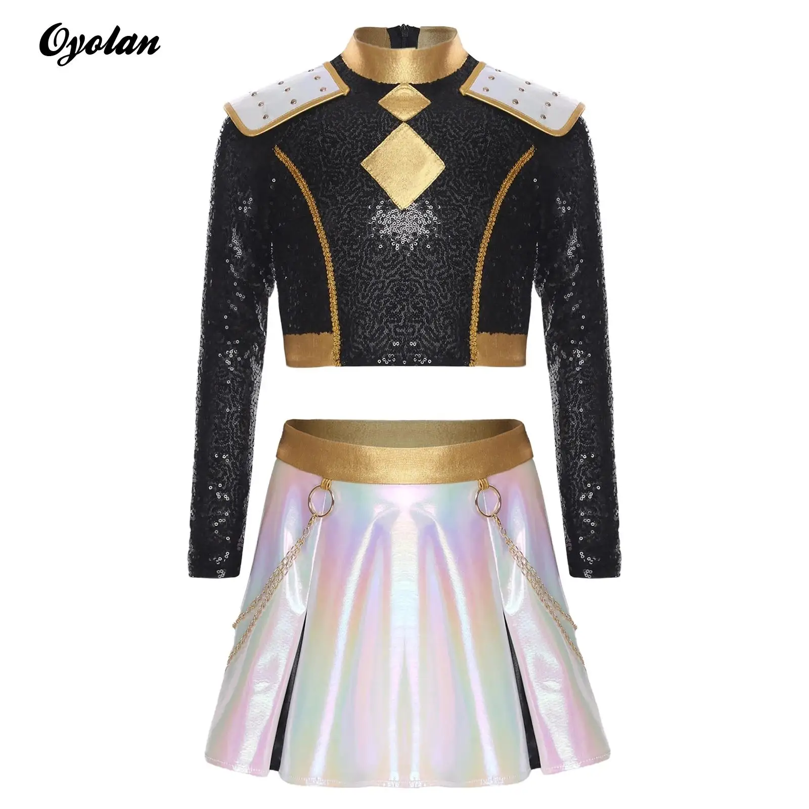 

Girls Anime Character Demon Cosplay Outfit Hunter Singer Costumes Invisible Zipper Sequins Crop Top with Waist Chain Skirt Set