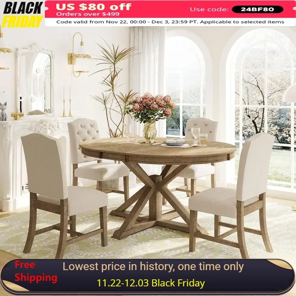 

5-Piece Round Dining Table Set for 4, Extendable Table with 4 Upholstered Chairs for Dining Room,Living Room