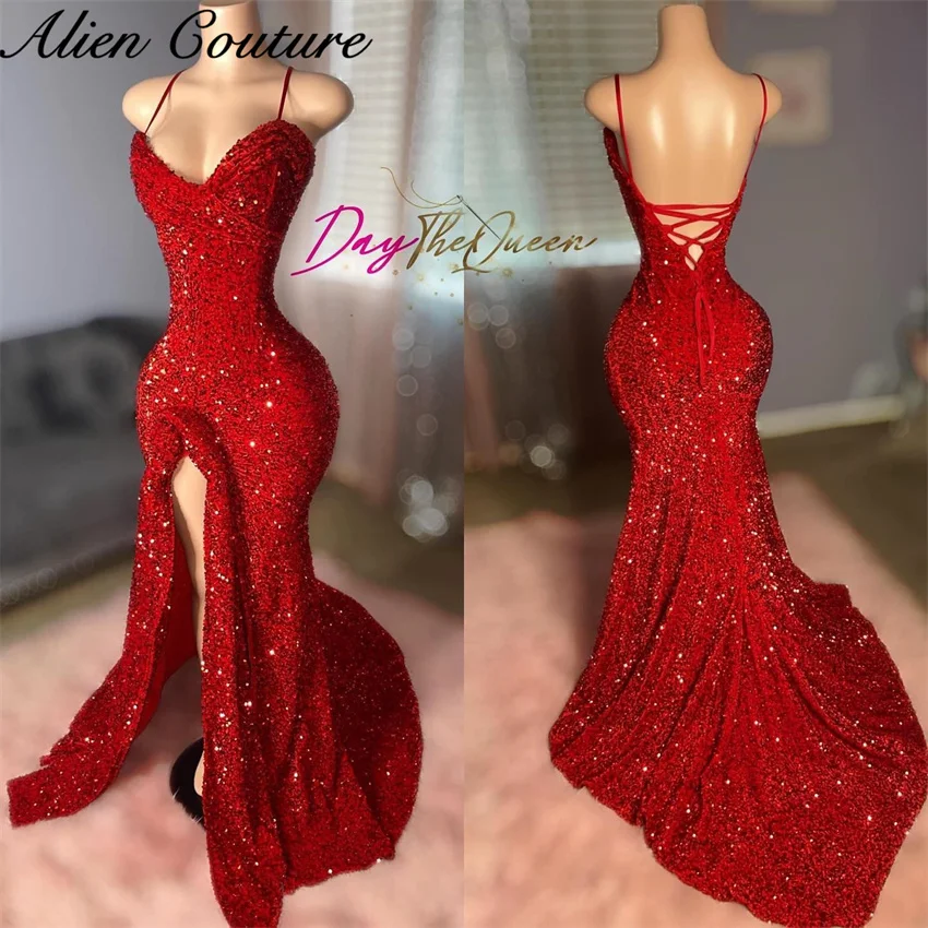 Luxury Red Sequins Long Prom Dresses Beading Crystal 2024 Elegant Party Dress Vestidos Birthday Dress Split Lace-up