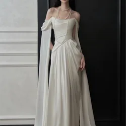 Satin shoulder welcome out the yarn temperament light luxury dress