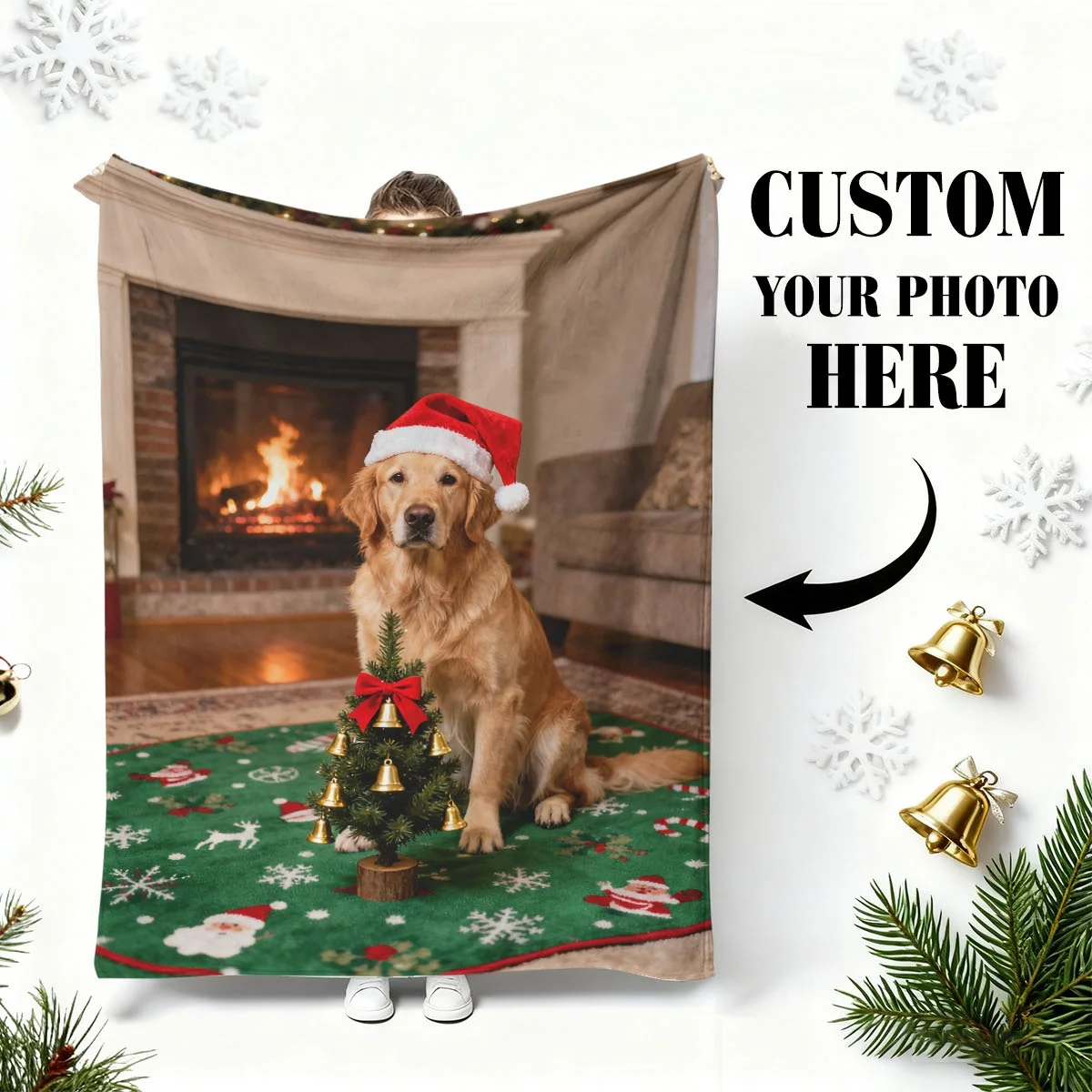 Weihnachten benutzerdefinierte DIY personalisierte Haustier Katze und Hund Foto Flanelldecke – individuelles warmes Foto + Weihnachtselemente, weich, warm, fusselfrei, geeignet für Sofa, Bett, Büro,