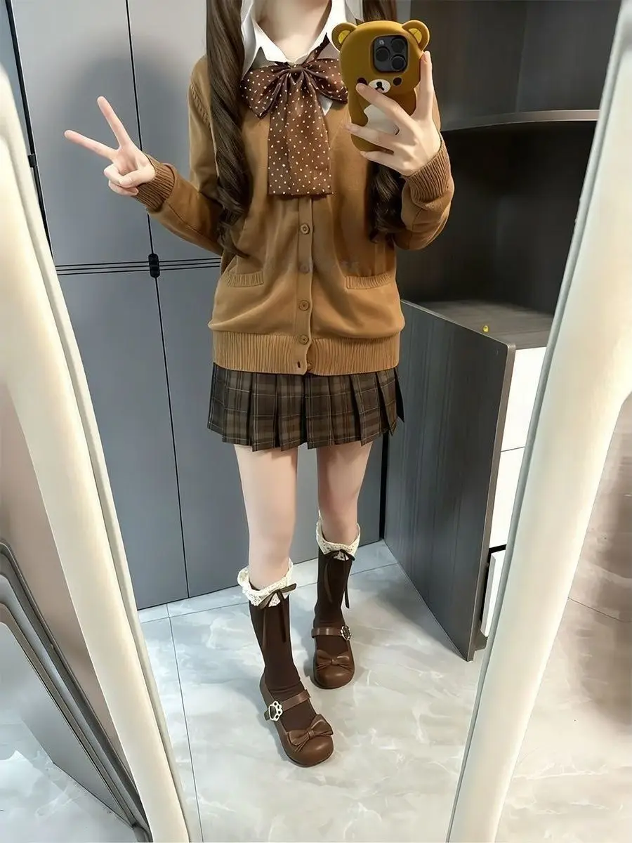 

Оригинальный осенне-зимний комплект JK: вязаный свитер, юбка в клетку, застежка на пуговицах, повседневный модный женский ансамбль с высокой талией