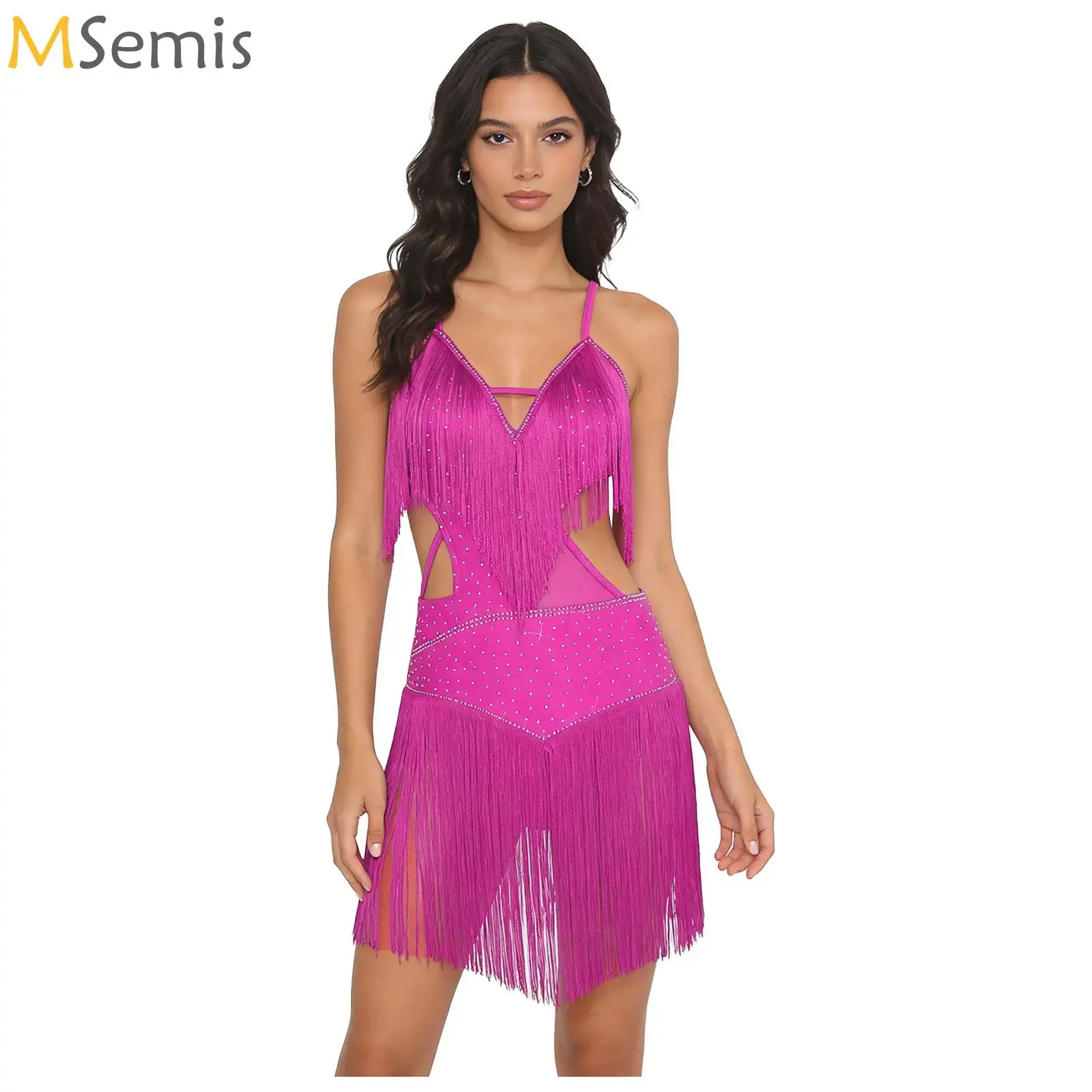 

Latin Dance Dress Competition Costumes Skirt Performing Rhinestones Adult Tassel Sling Dress Dancewear for Rumba Salsa Tango