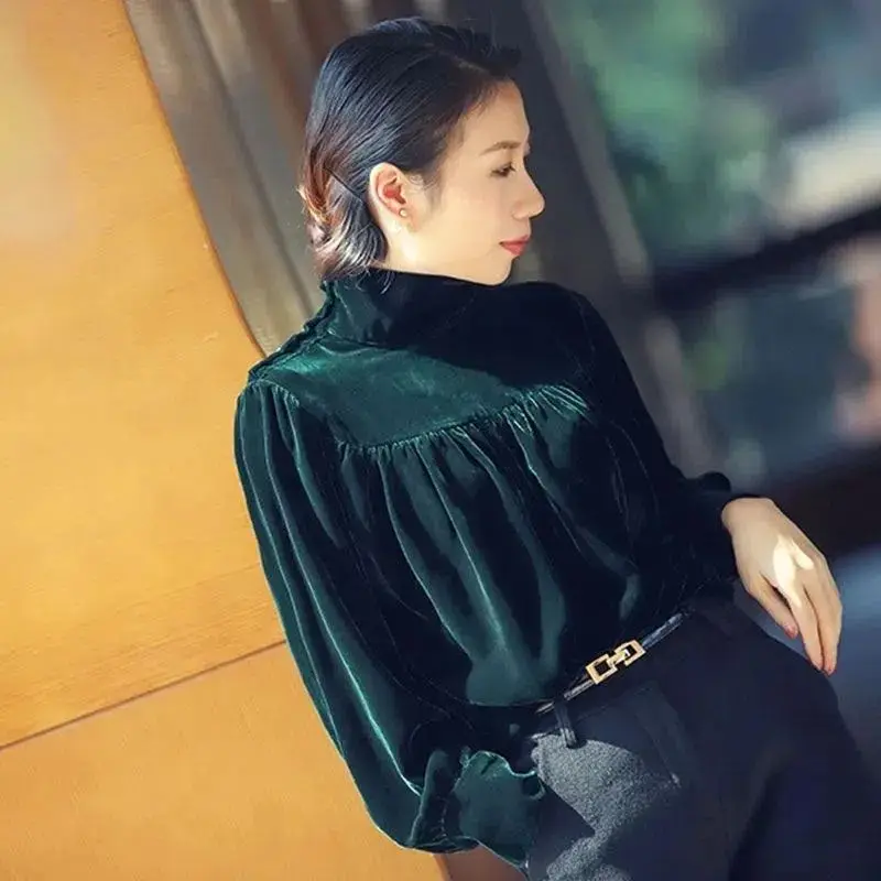 Elegant Turtleneck Blouses for Women Autumn Velvet Stylish Mature Ladies Vintage Folds All-match Long Sleeve Daily Leisure Basic