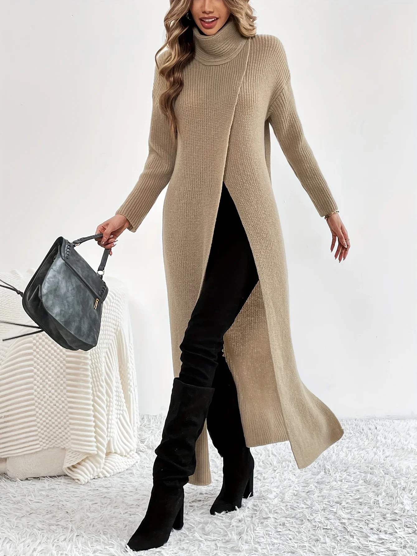 2024 Autumn Elegant Long Knitting Sweater Women High Neck with Split Hem For Female Winter Warm Turtleneck Pullovers Maxi Dress