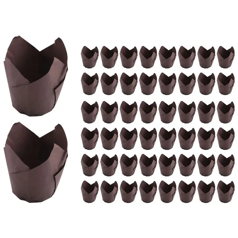 RMWIN-50 Pcs Tulip Cupcake Liners,Tulip Baking Paper Cupcake & Muffin Liners Unbleached Baking Cups Cupcake Brown Easy Install