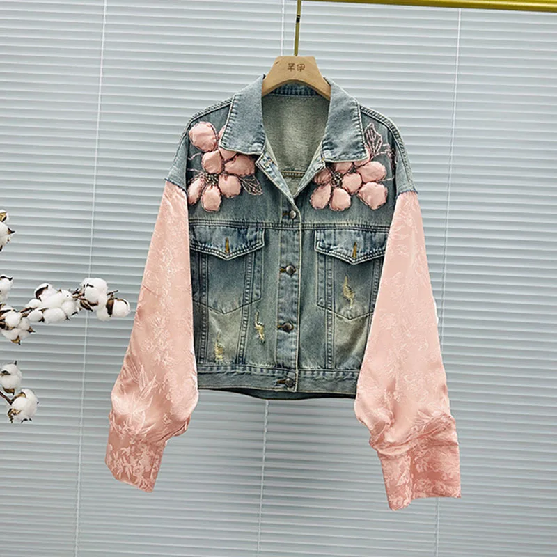 

Pearl diamond denim jacket for women's 2024 new spring clothing loose patchwork long sleeved fashionable short jacket