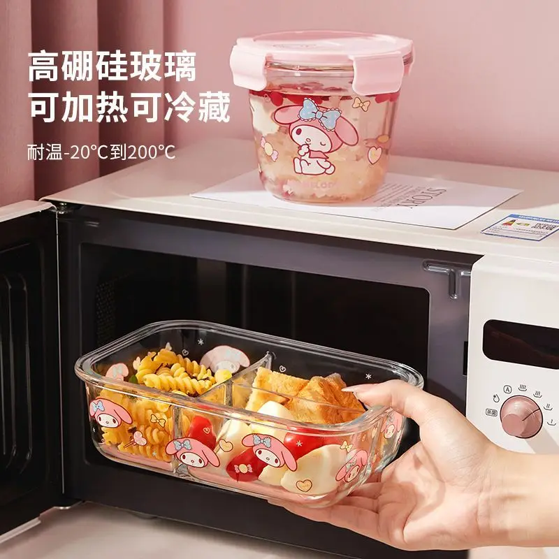 Sanrio Cinnamoroll My Melody Anime Kawaii Ins Glass Lunch Boxes Cute Microwave Safe Food Bowls Separated Bento Case Gifts