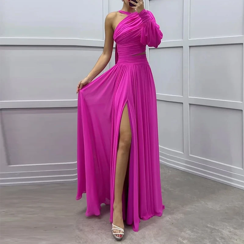 Ellafads Maxi Dress Women Summer Elegant One Shoulder Long Sleeve Hollow Solid Pleated Nipped Waist Slit Evening Maxi Dresses