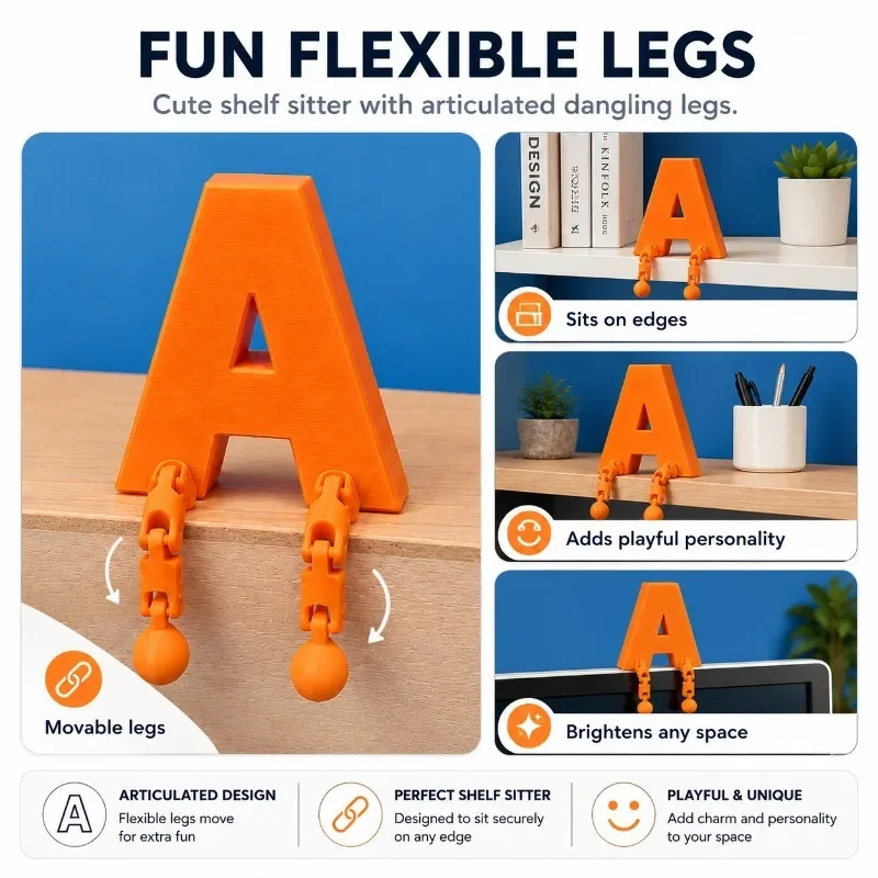 Articulated Alphabet Letter Decor, Flexible Leg Shelf Sitter A-Z Initial Desk Ornament, Cute 3D Printed Gift  5 Colors