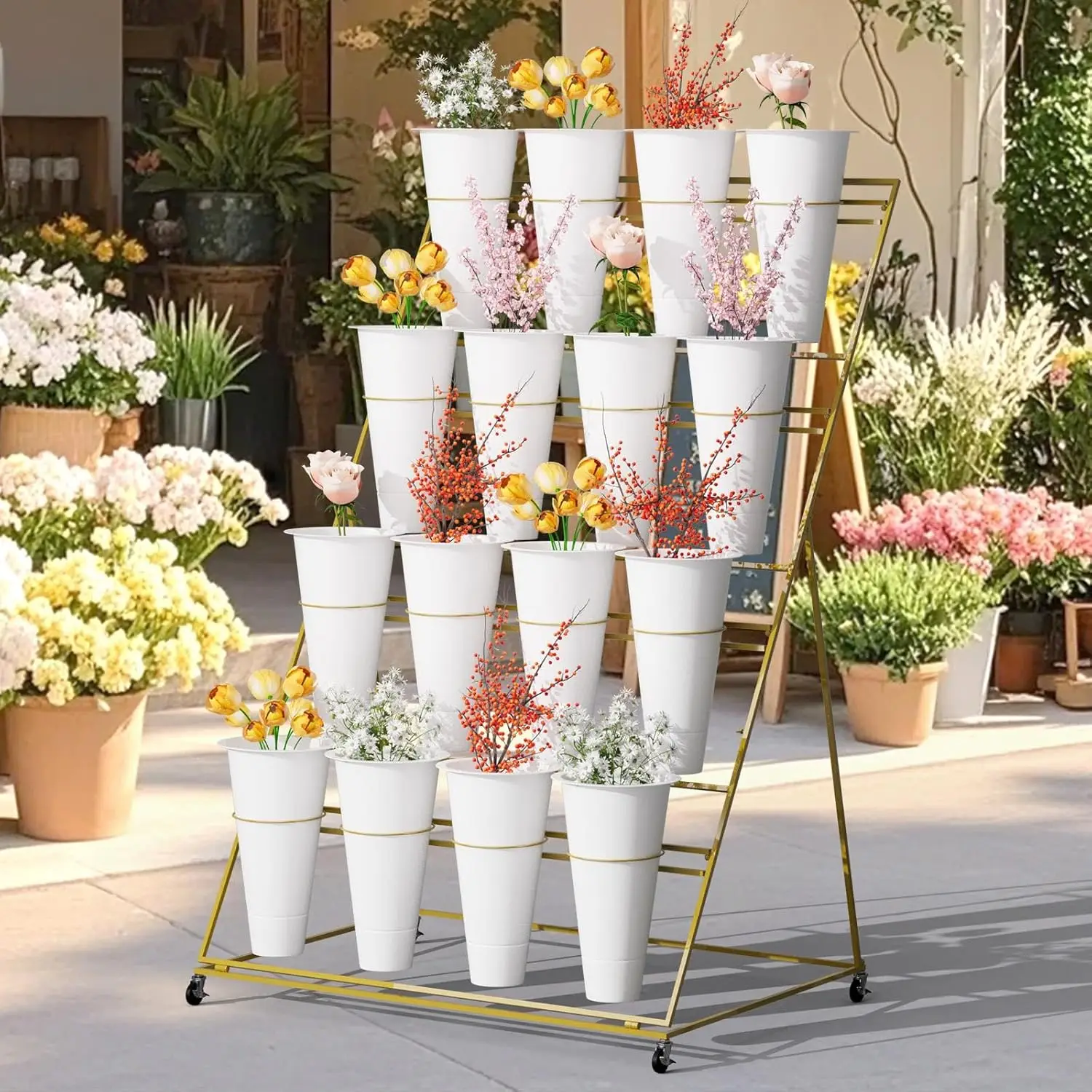 

4 Tier Rolling Flower Display Stand 16 Buckets - Easy Install Bouquet Shelf for Indoor/Outdoor Wedding Hotel (Golden White)