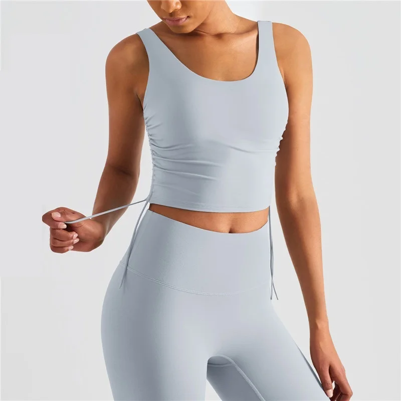 Solid Color Tight Fitness Bra Women Gym Sport Top Yoga Vest Drawstring Fake Two-piece U With Chest Pad Comprehensive Training