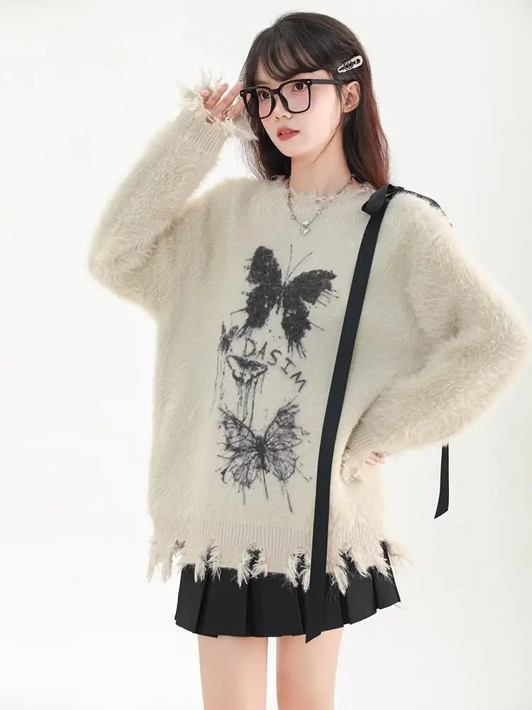 QWEEK Gothic Grunge Goth Butterfly Knit Knitted Sweater Women Y2k Coquette Harajuku American Retro Long Sleeve Pullovers Top