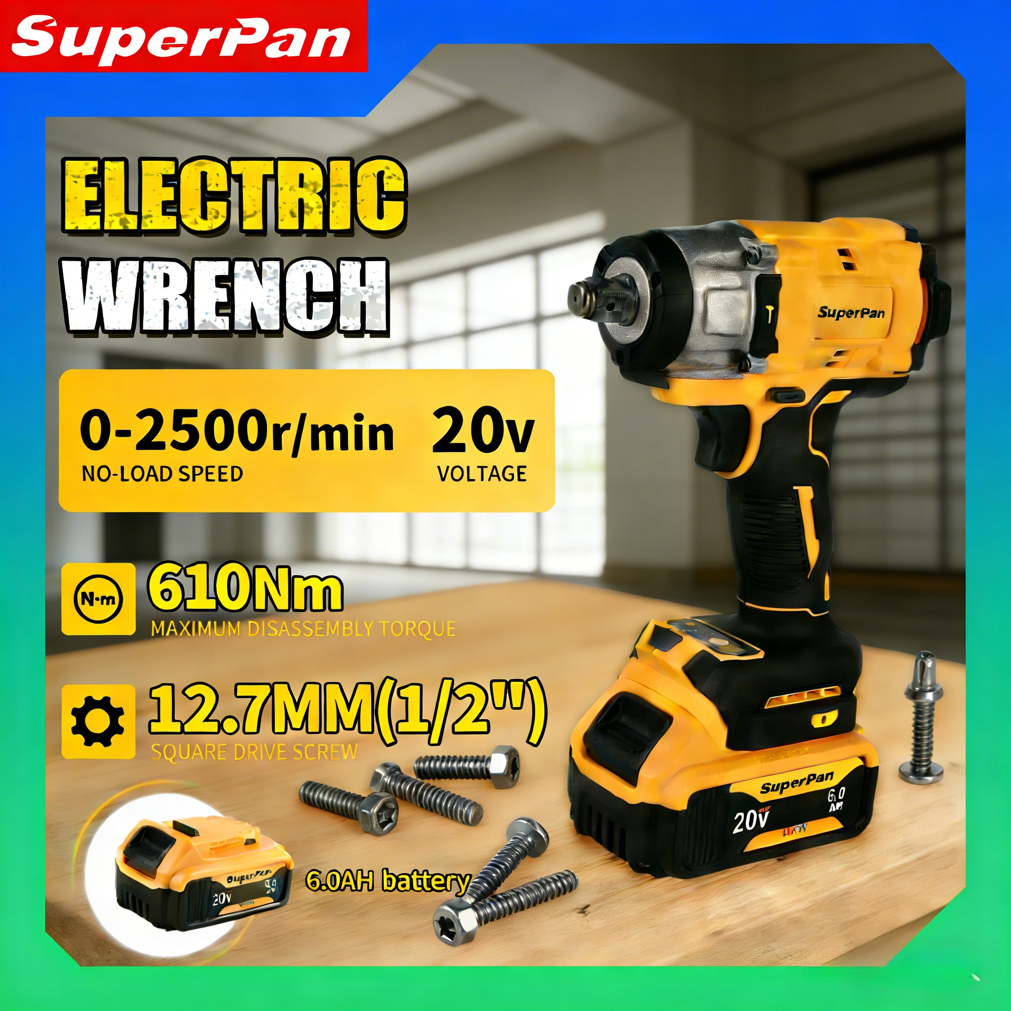 

Ударный гайковерт SuperPan SP922, бесщеточный, для промышленных работ, профессионального авторемонта, совместим с аккумулятором DeWalt 20V.