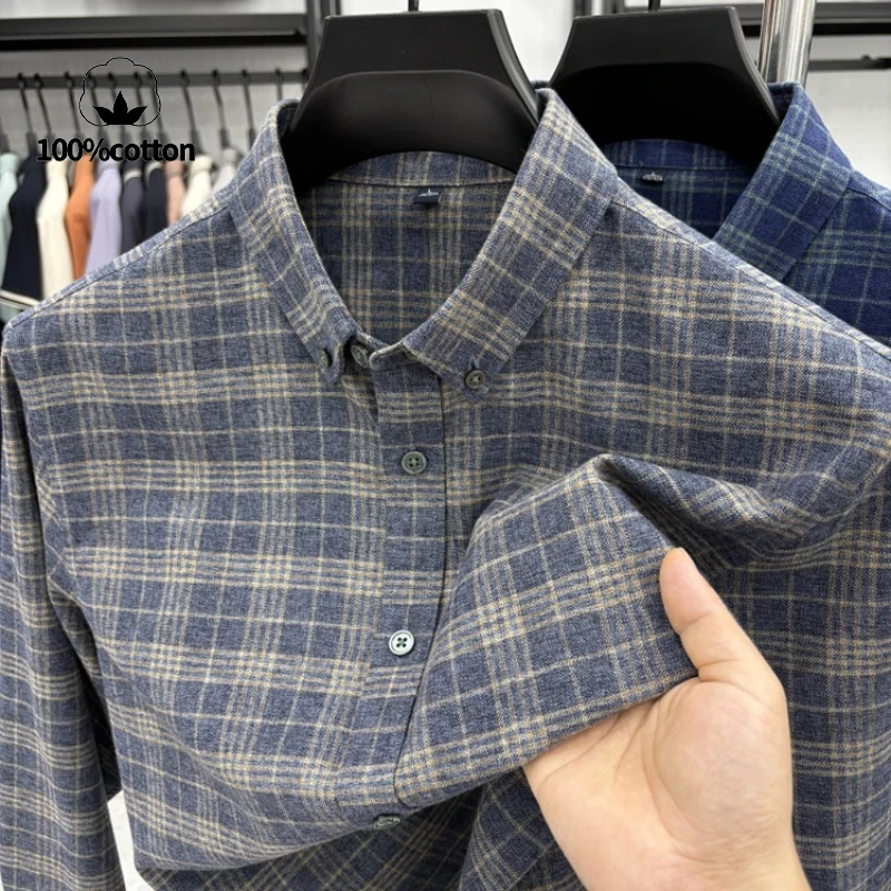 100% Cotton Double-Sided Brushed Flannel Shirt - Blue-Gray Check (Yellow Check)  Long Sleeve Casual