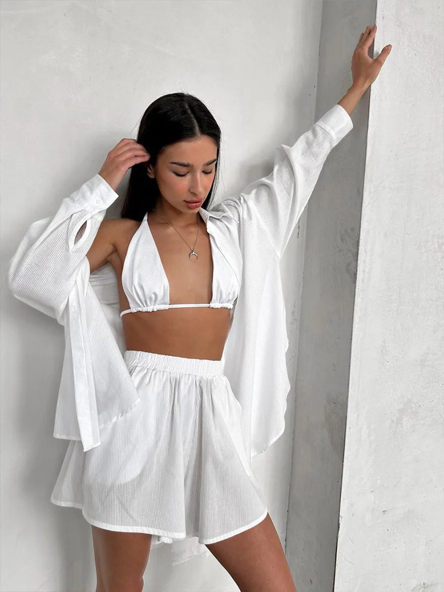 

Комплект Wolfeel из 3 предметов: 100% хлопковые шорты, рубашка и пижама. Новинка Весна 2025. Женский белый свободный домашний комплект.