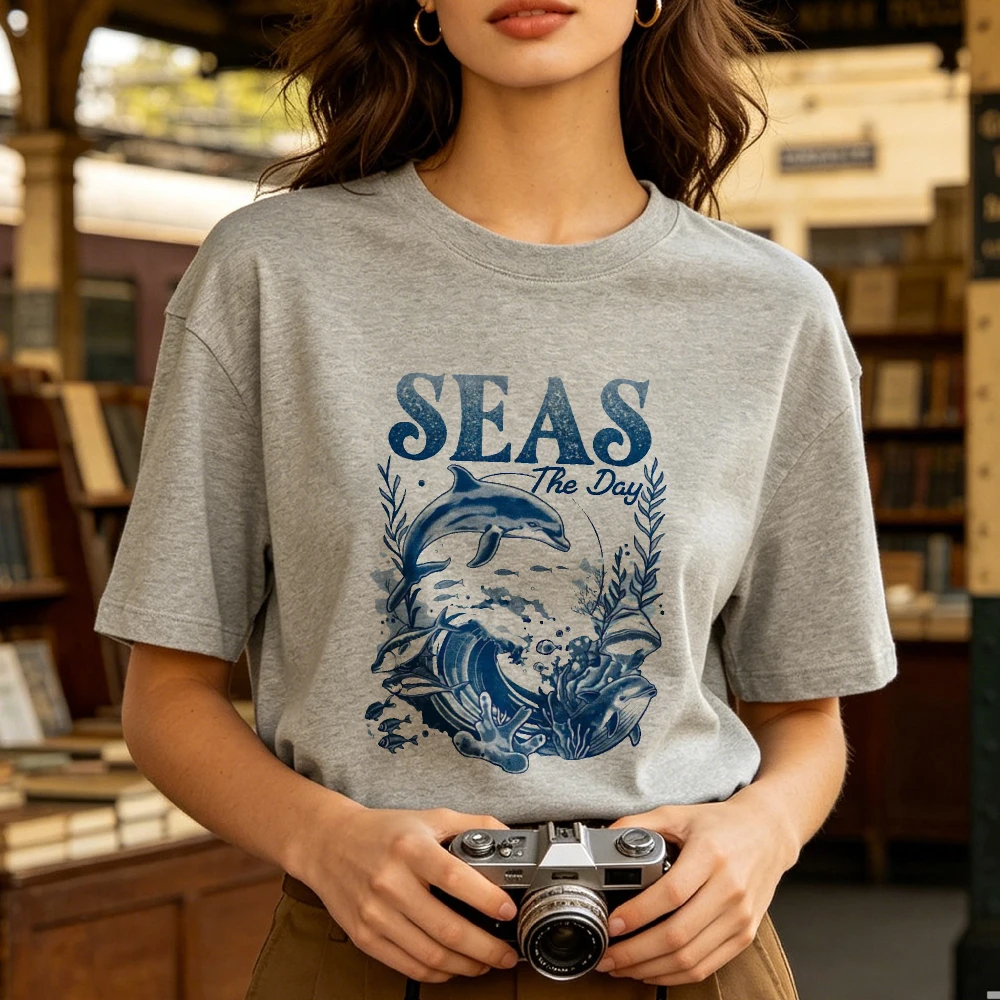 Seas The Day Graphic Tee Dolphin Jumping Ocean Sea Life Positivity Quote Unisex Cotton Tops Dolphin Lover Beach Casual T-shirt