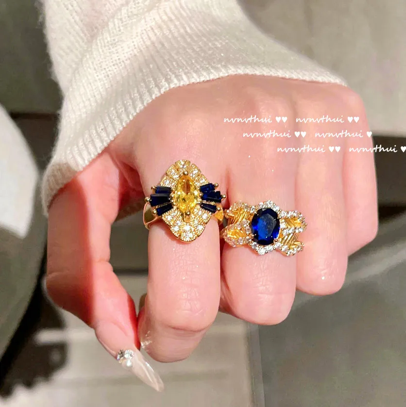 

JitDoo Zircon Crown Ring Plated 18K Gold Simulation Sapphire Opening Rings Sparkling CZ Fashion Vintage Engagement Jewelry Gift