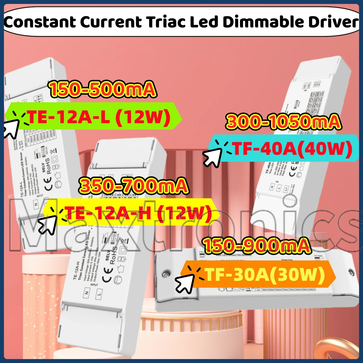 12W/30W/40W Dimmable Led Triac Dimming Driver Constant Current 150-900mA/ 300-1050mA TF-30A/ TE-12A-H for Indoor LED Lighting