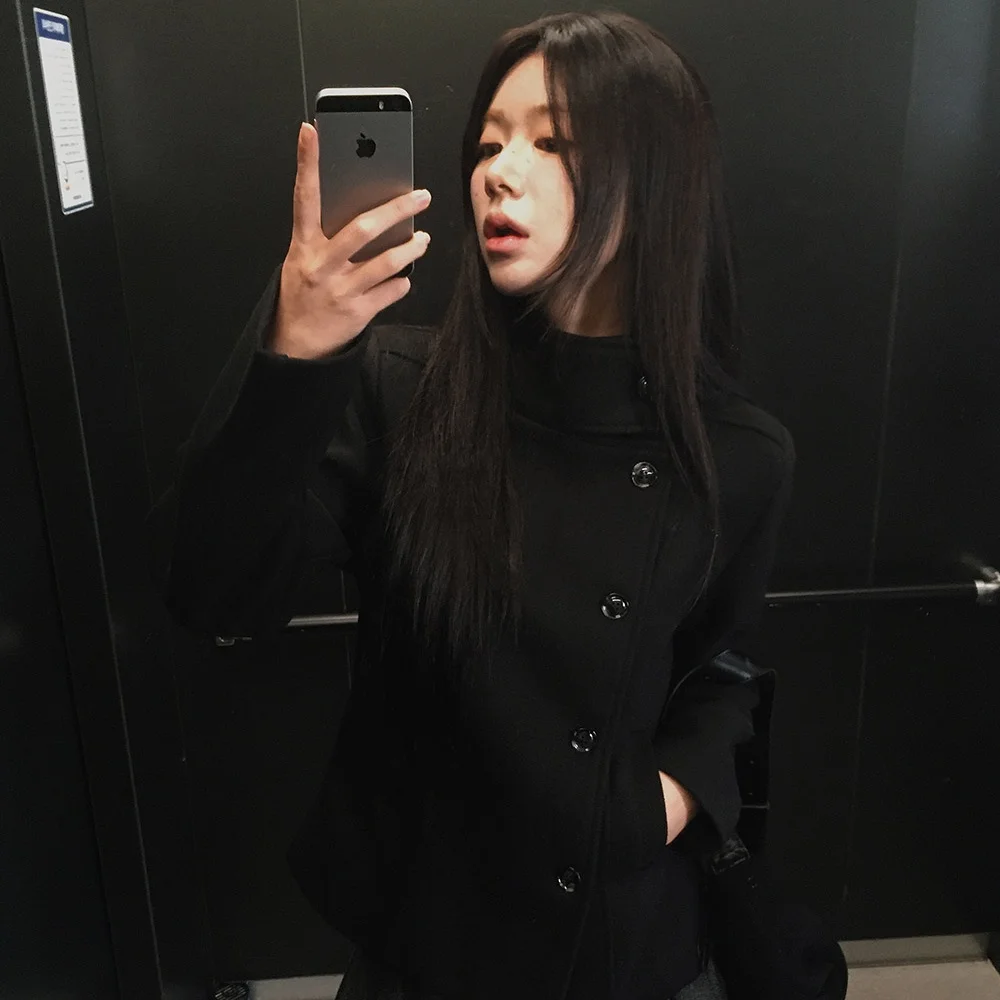 Slim Fit Korean Style Japanese Aesthetic Stand Collar Side Buttoned Black Woolen Coat Long Sleeve Commute Fashion Women's Out...