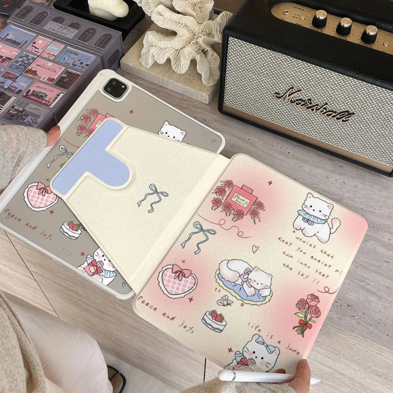 Pink Cute Rose Cat Tablet Case For iPad Pro 11 12.9 13 A16 M2 M4 M3 M5 Shell 8.3 9.7 10.2 5/6/7/8/9/10/11th Air 3 4 5 6 7 Cover