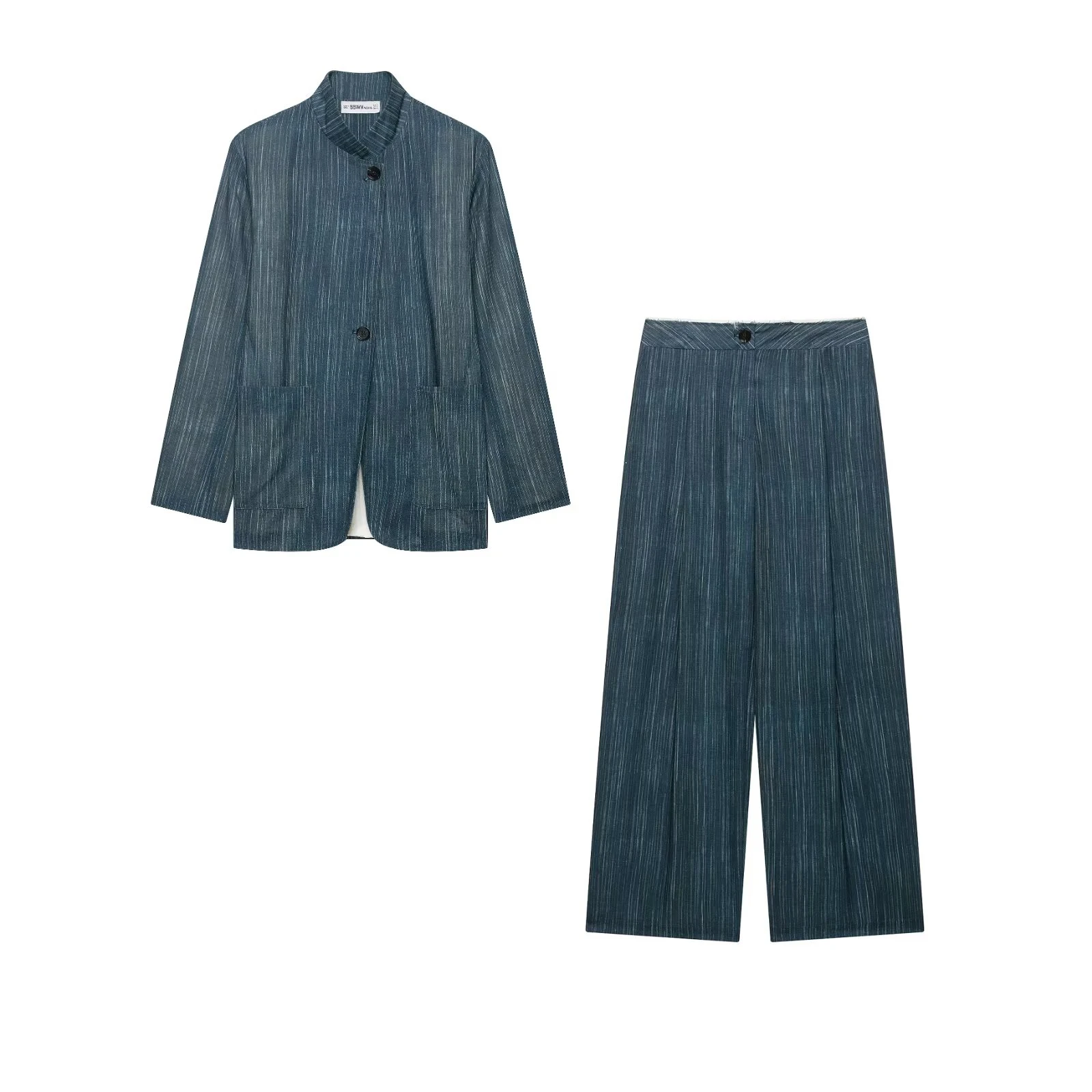 European and American style 2026 autumn new women's standing collar linen striped suit jacket pants set
