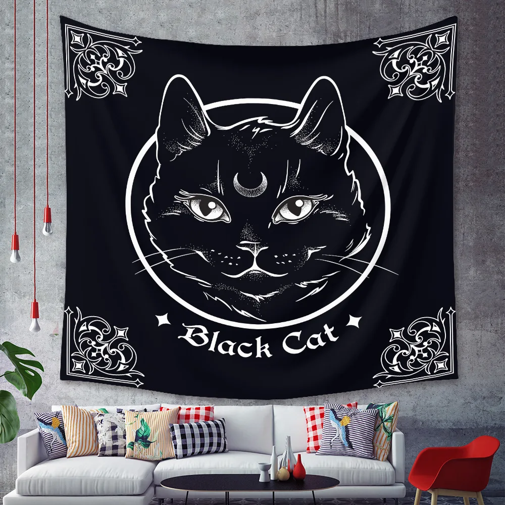 Tapiz de gato negro para decoración del hogar, arte de halloween, tatuaje gótico de Luna, colgante de pared, dormitorio, sala de estar, tela de 230x180cm