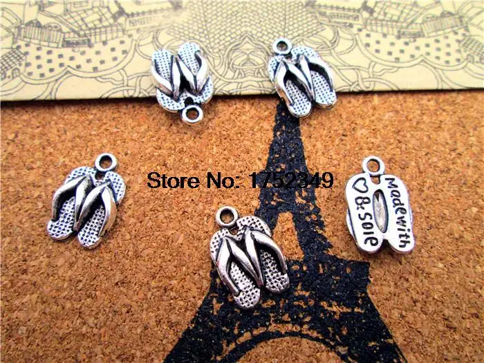 30pcs/lot Slippers Charm  3D Antique silver tone Flip Flops Pendants,made of soie16x10mm