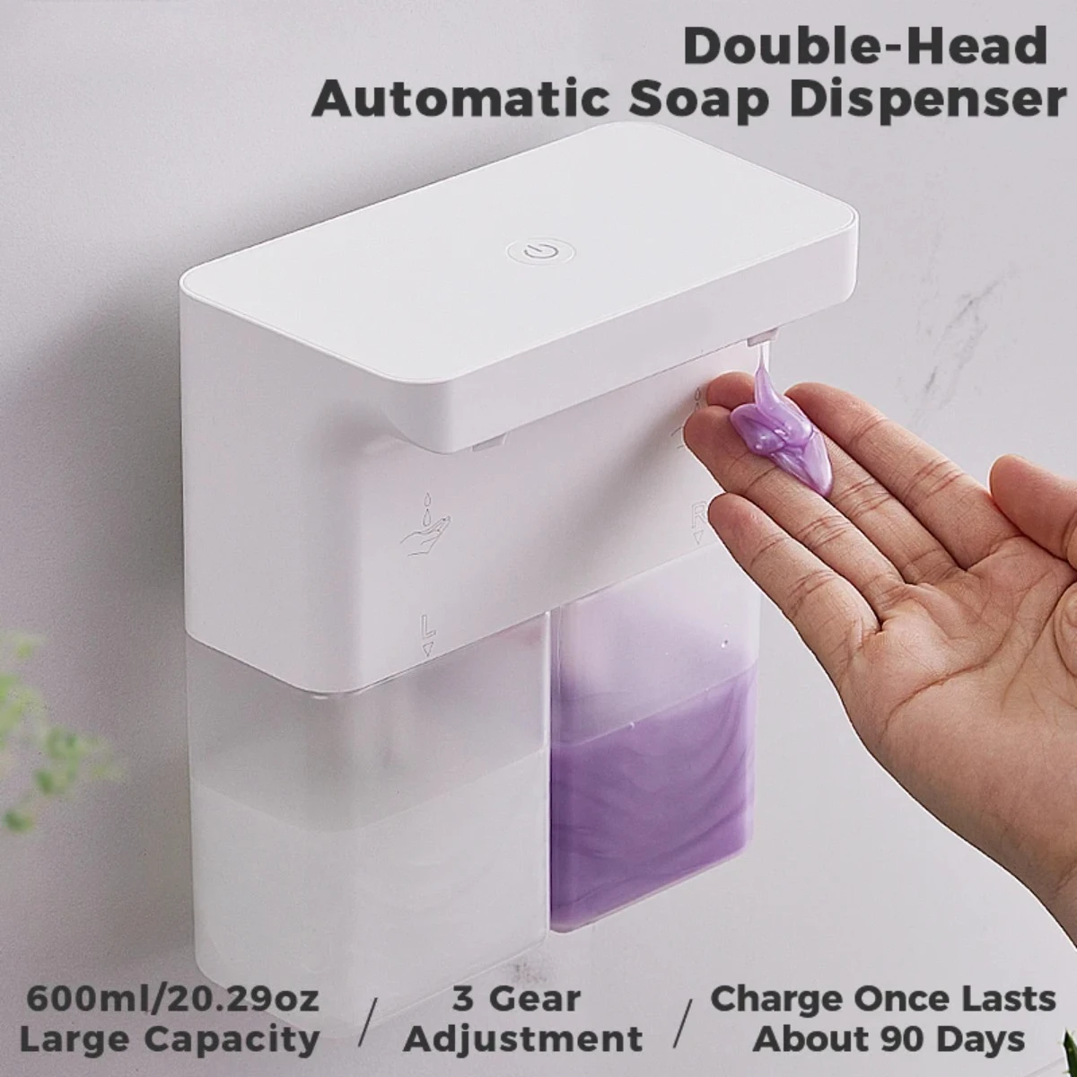 600ml Automatic Foam Soap Dispenser Double-Head Touchless Rechargeable 3-Level Adjustable Induction Sensor for Kitchen Bathroom