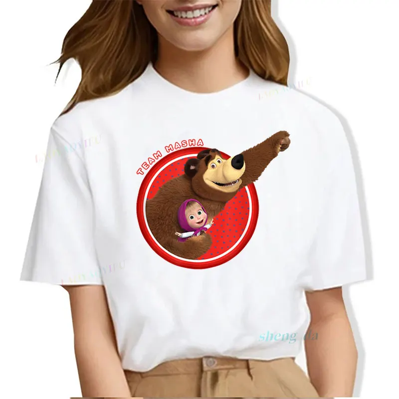 Martha and The Bear Cartoon T-shirt Russia Famous Anime Shirt Kawaii Funny Cute Short Sleeve Graphic Tee Boy Girl Casual Wear