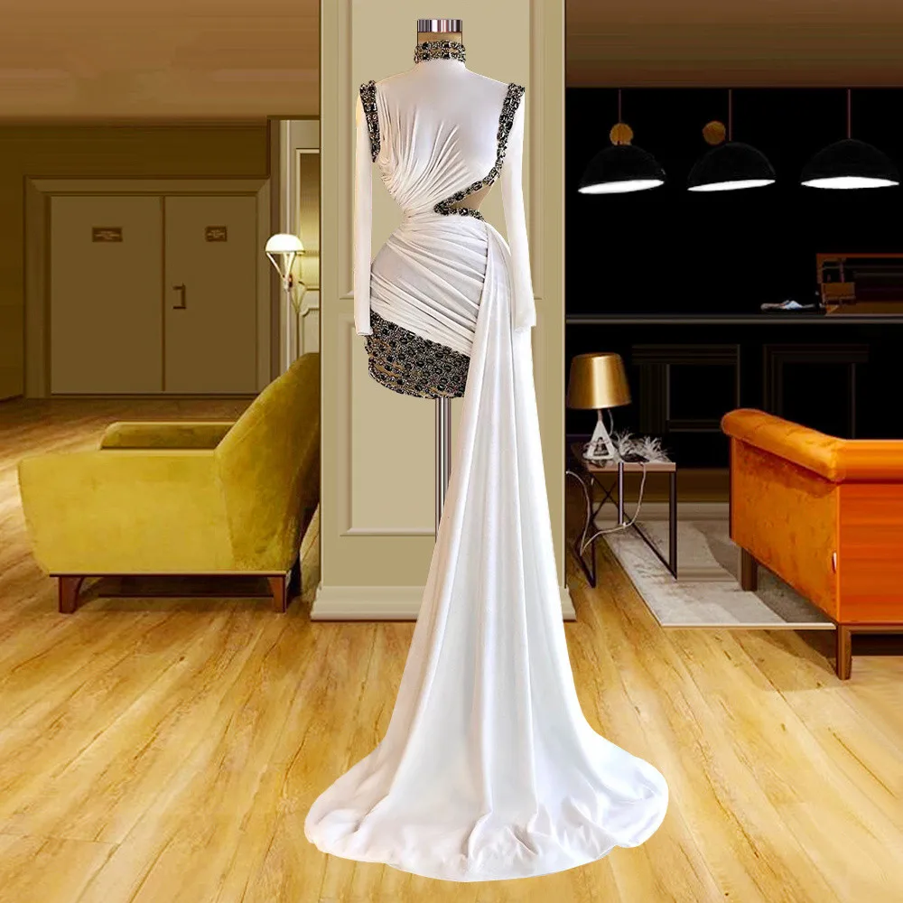 

Luxury Prom Dresses Sheath Long Sleeves Beaded Crystals Dubai Saudi Arabia Prom Gown Evening Dress Robe De Soiree Customized