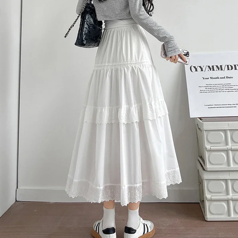 Gonna a pieghe coreana in pizzo bianco per donna 2025 Gonne lunghe con torta patchwork a vita alta Donna Estate Chic Gonne a linea allentate Mujer