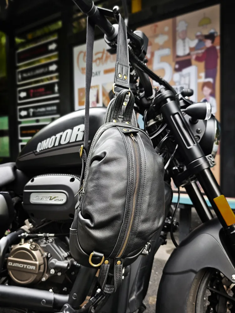 Mens Vintage Chest Bag Softshell Cowhide Genuine Leather Motorcycle Riding Crossbody Bags New Casual Outside Travel Shoulder Bag
