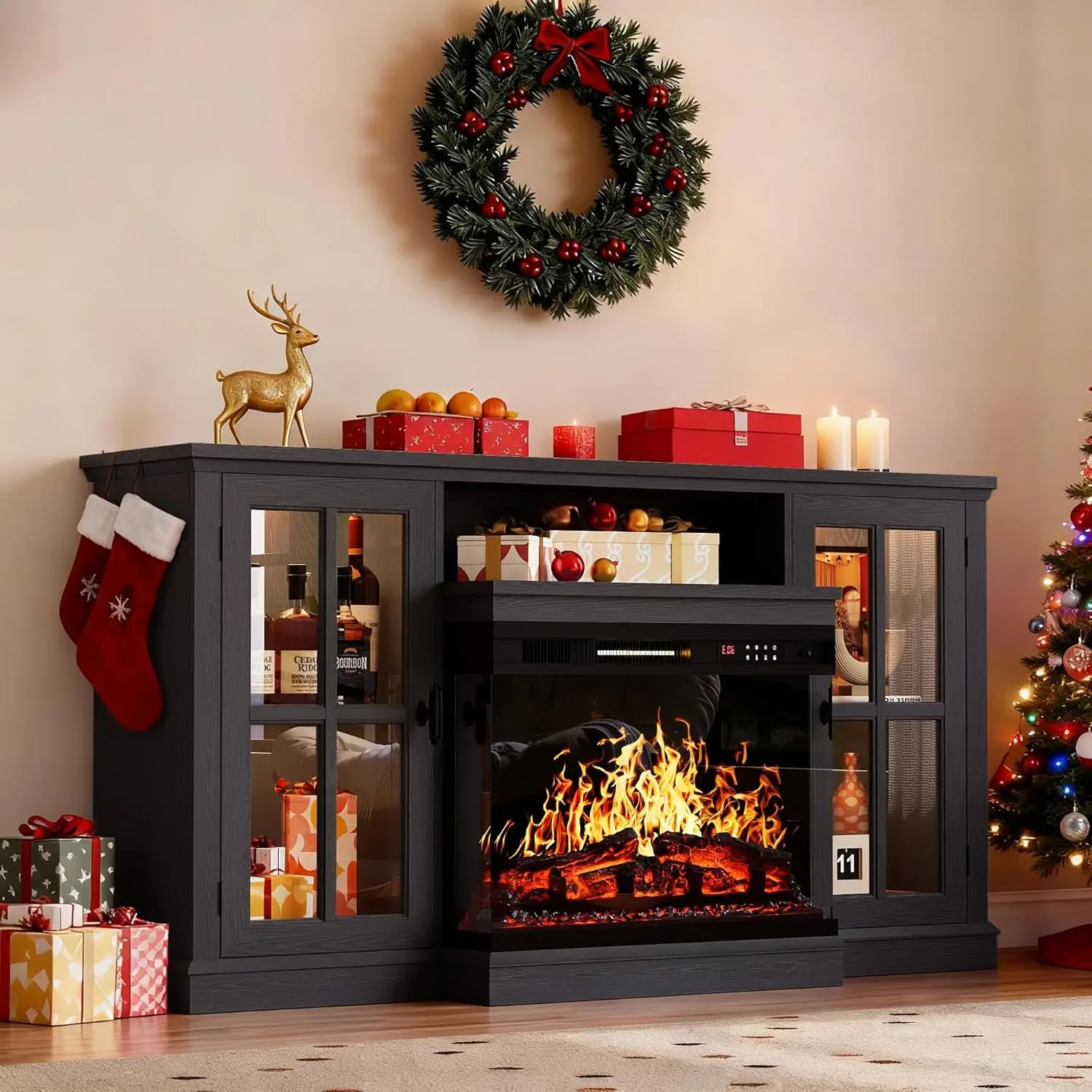 

Glass Fireplace TV Stand for Televisions up to 65", Media Entertainment Center Console Table with Led Lights, Black