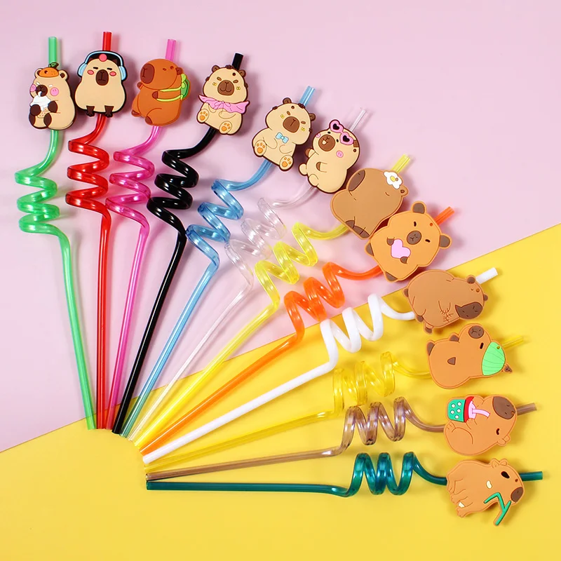 12 stuks cartoon capibara herbruikbare spiraalrietjes, papyrus hagedis thema rietjes voor decoratie, voor feest, verjaardag voor drinkfeest